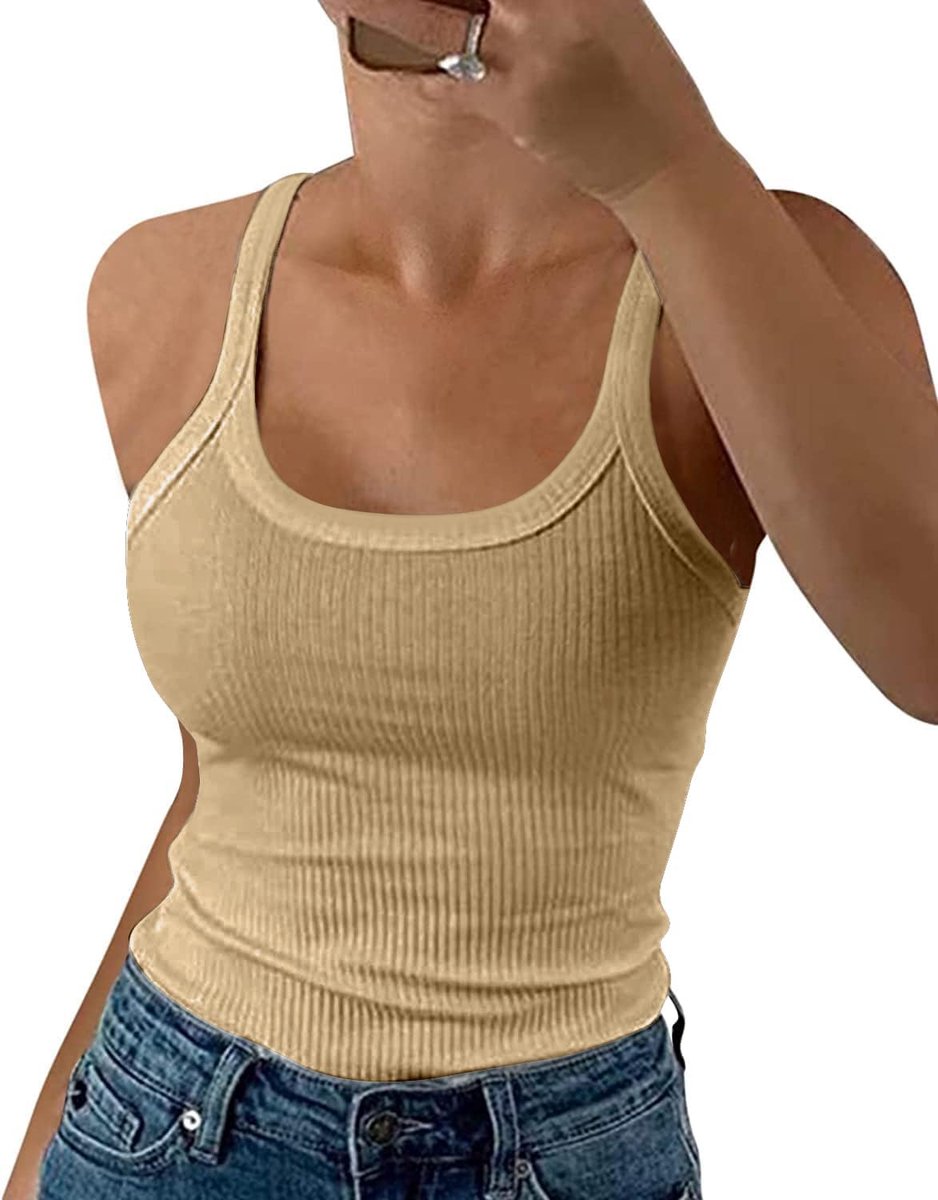 Geribbelde tanktop voor dames, ronde hals, spaghetti, slim fit, mouwloos, tanktop voor dames
