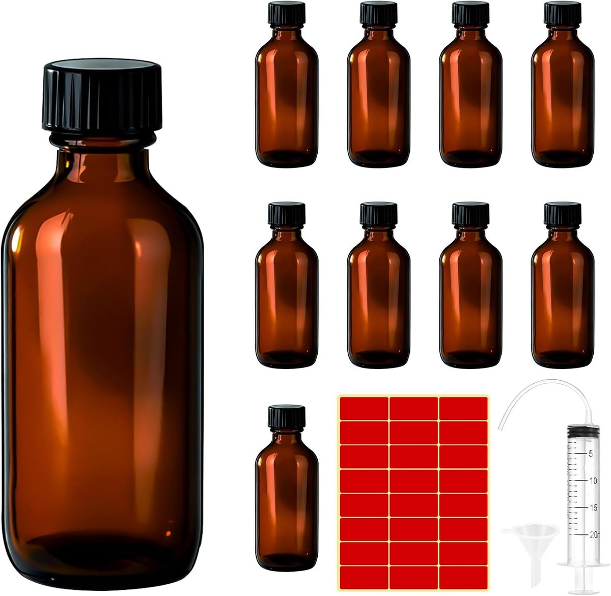 Druppelflessen 30ml van Amberglas met Zwarte Dop, Herbruikbare Flessen voor Etherische Oliën, Parfum en Aromatherapie, Inclusief 1 x 20ml Flesjes, Spuit, Trechter en Stickers (10x30ml)