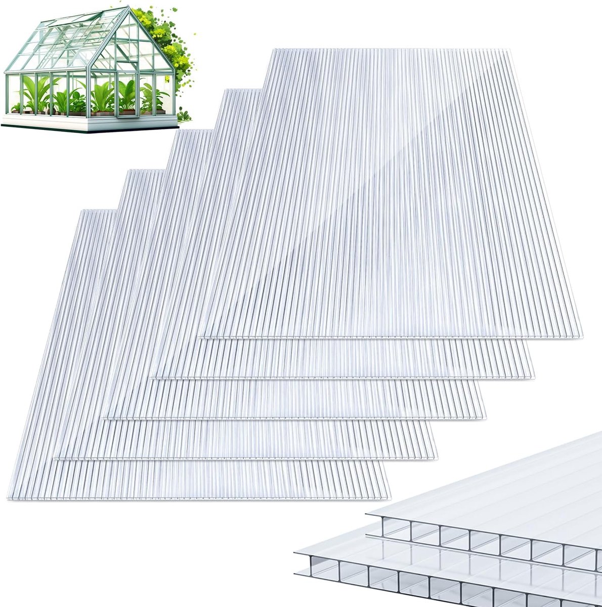 5 x polycarbonaat holle kamerplaten, 8 mm, dubbelwandige plaat, polycarbonaat, 60,5 x 121 cm, 3,66 m², broeikas, uv-bestendig, voor broeikas, tuin, broeikas, reserveplaten