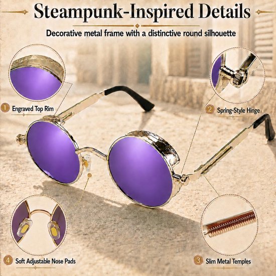 Gothic Steampunk Zonnebril - Unisex Bril - Mode Accessoire - Gekarteld Metalen Frame - 18.11 x 7.59 cm - Goud Paars — afbeelding 2