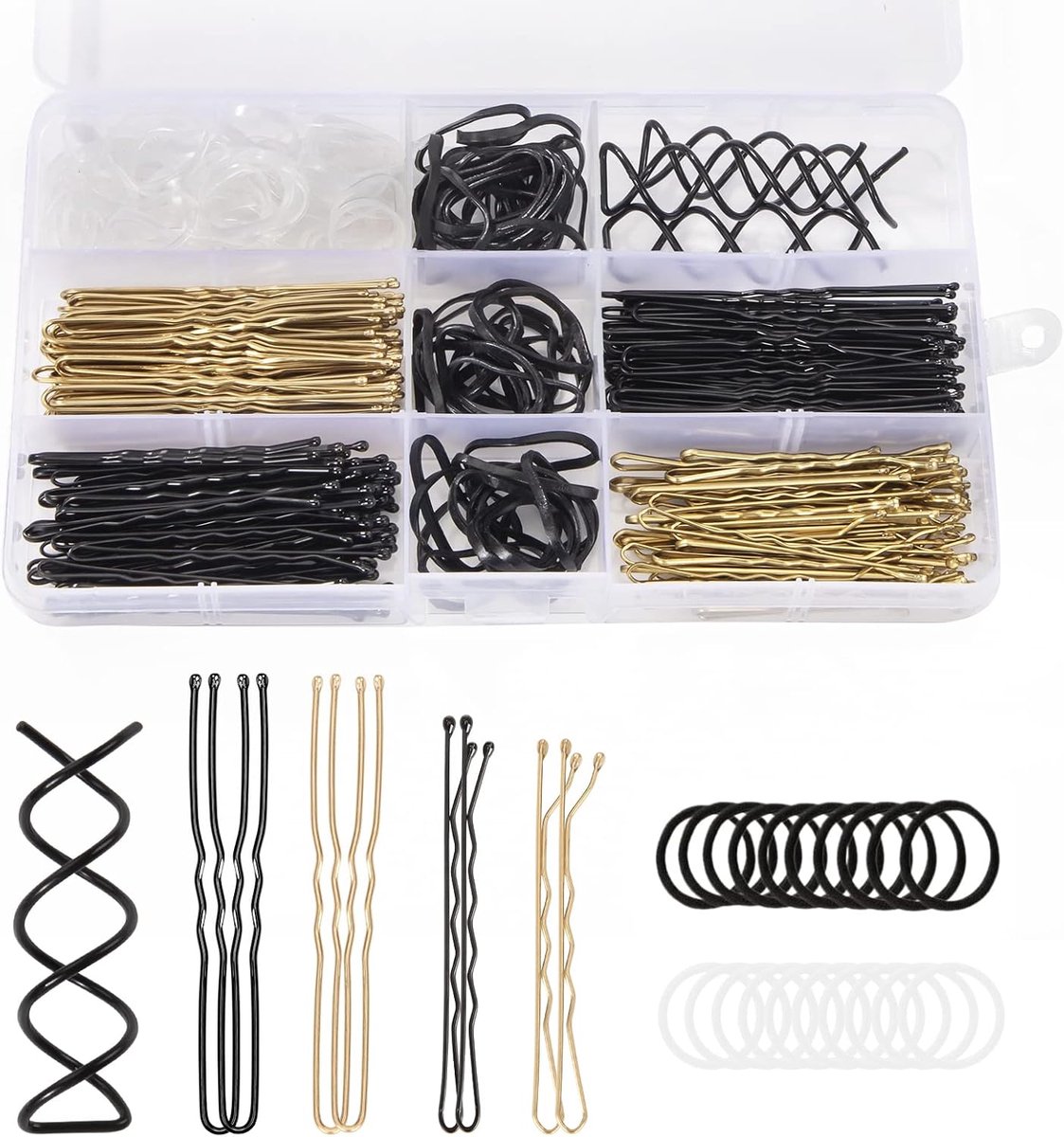 Haarspeldenset, 343 stuks metalen golfvormige haarklemmen, U-haarspeld en klein haarelastiek met opbergdoos, cadeau voor kinderen, meisjes, vrouwen, bruiloft, kapsels