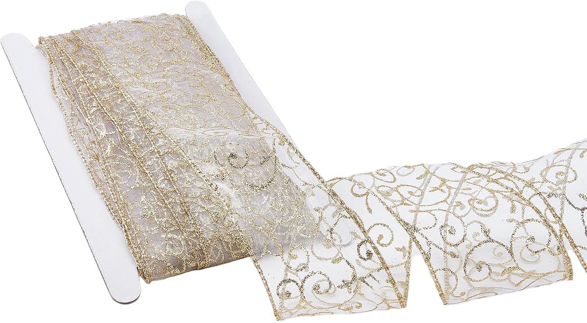 lint met draadrand, 3,8 m, transparante linten met glitterwervelpatroon, 5,9 cm, tule versiering met goudkleurige metalen rand voor decoratie van bomen