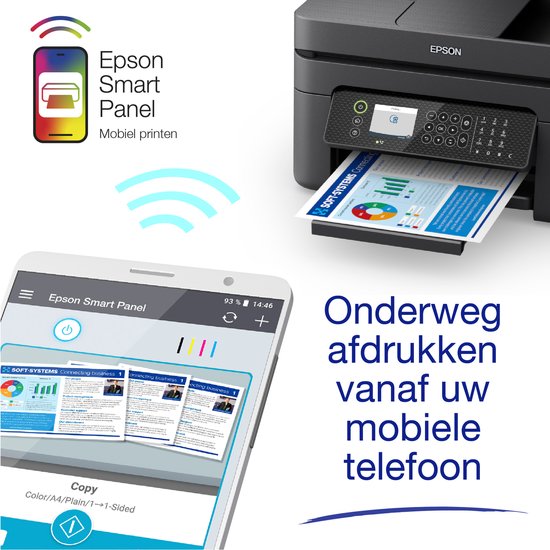 Zwarte Epson printer en smartphone die de Epson Smart Panel app tonen, met Wi-Fi symbolen.