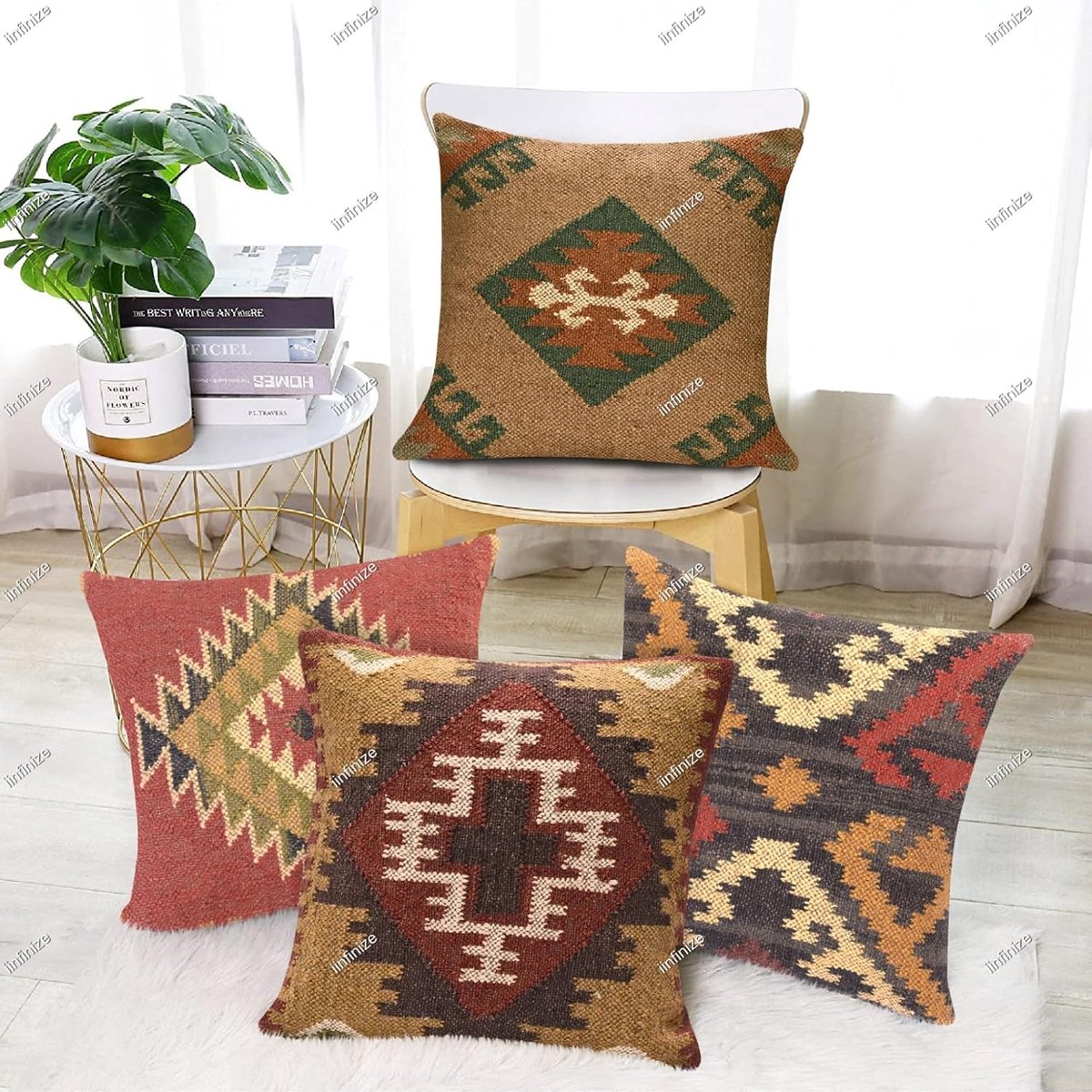 Kussenhoes 45x45 cm - Handgeweven Wol-Jute - Etnisch Kelim Ontwerp - Perfect voor Binnen en Buiten - SnelShoppen