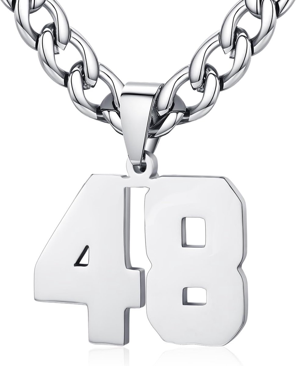 dames roestvrij staal 0-99 getal hanger geluksgetal jersey nummer sporter halsketting gepersonaliseerd met 6 mm brede pantserketting, Roestvrij staal