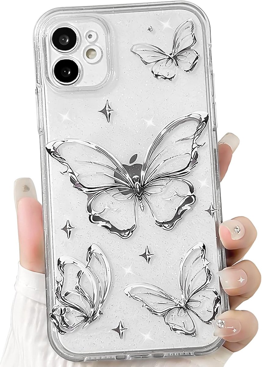 Hoesje voor iPhone 12 Doorzichtig Schattige Vlinder Ster Ontwerp Bling Glitter Telefoonhoesje voor Vrouwen en Meisjes Ultraslank TPU Anti-geel Schokbestendig Hoesje - Wit