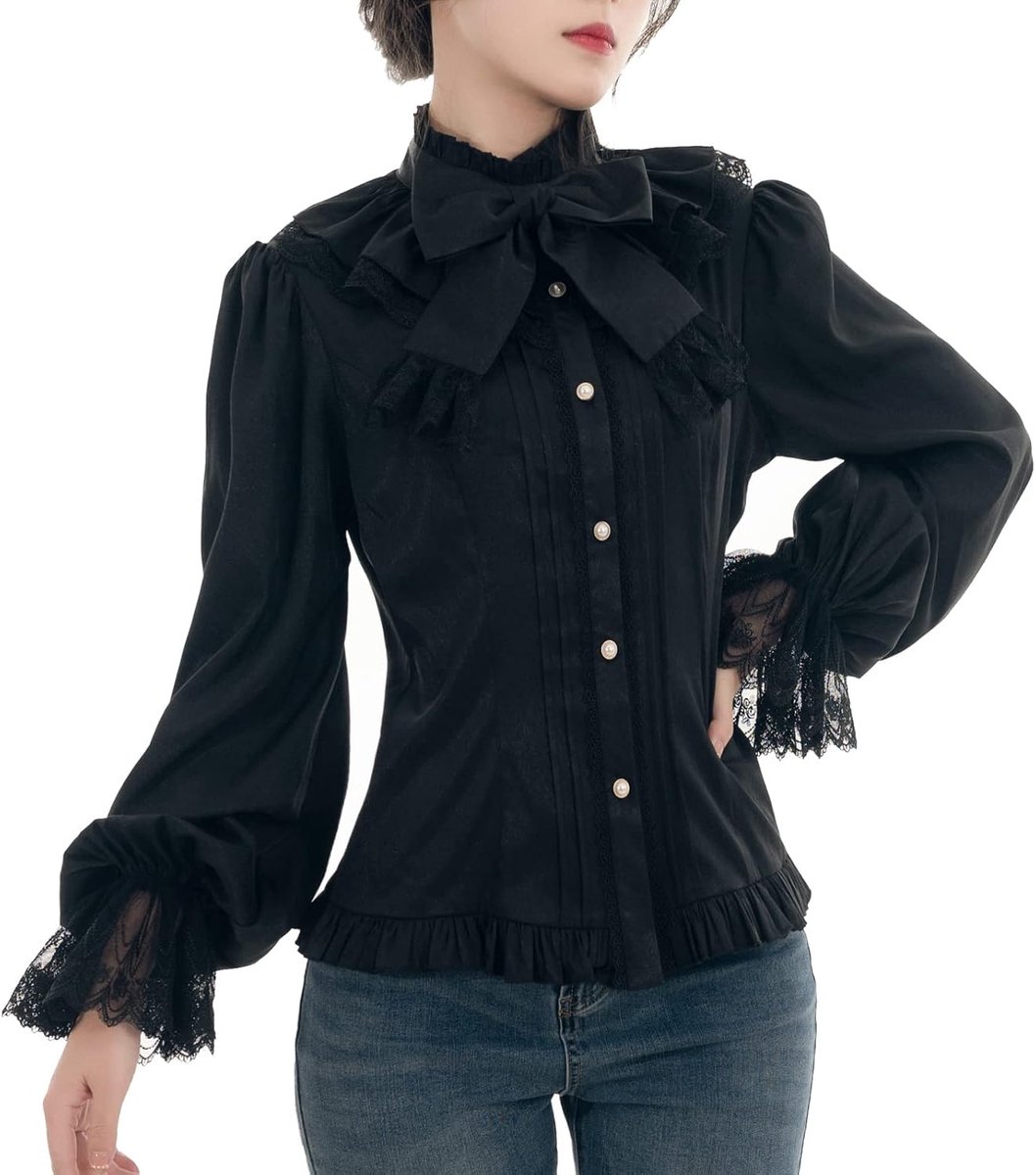 Victoriaanse damesblouse, vintage, strikhemd, opstaande kraag met ruches, lange mouwen, wit 2