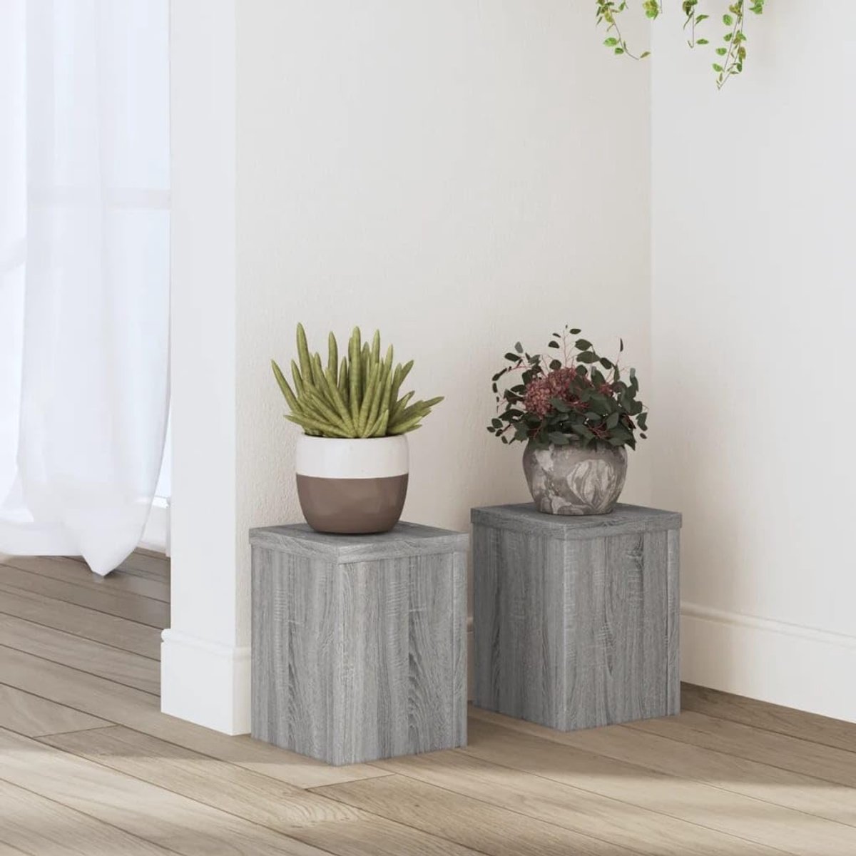 Set van 2 plantenstandaard van houtmateriaal in grijs sonoma, 15 x 15 x 20 cm, met stabiele bovenplaat en holle constructie voor extra stabiliteit door zandvulling, onderhoudsvriendelijk