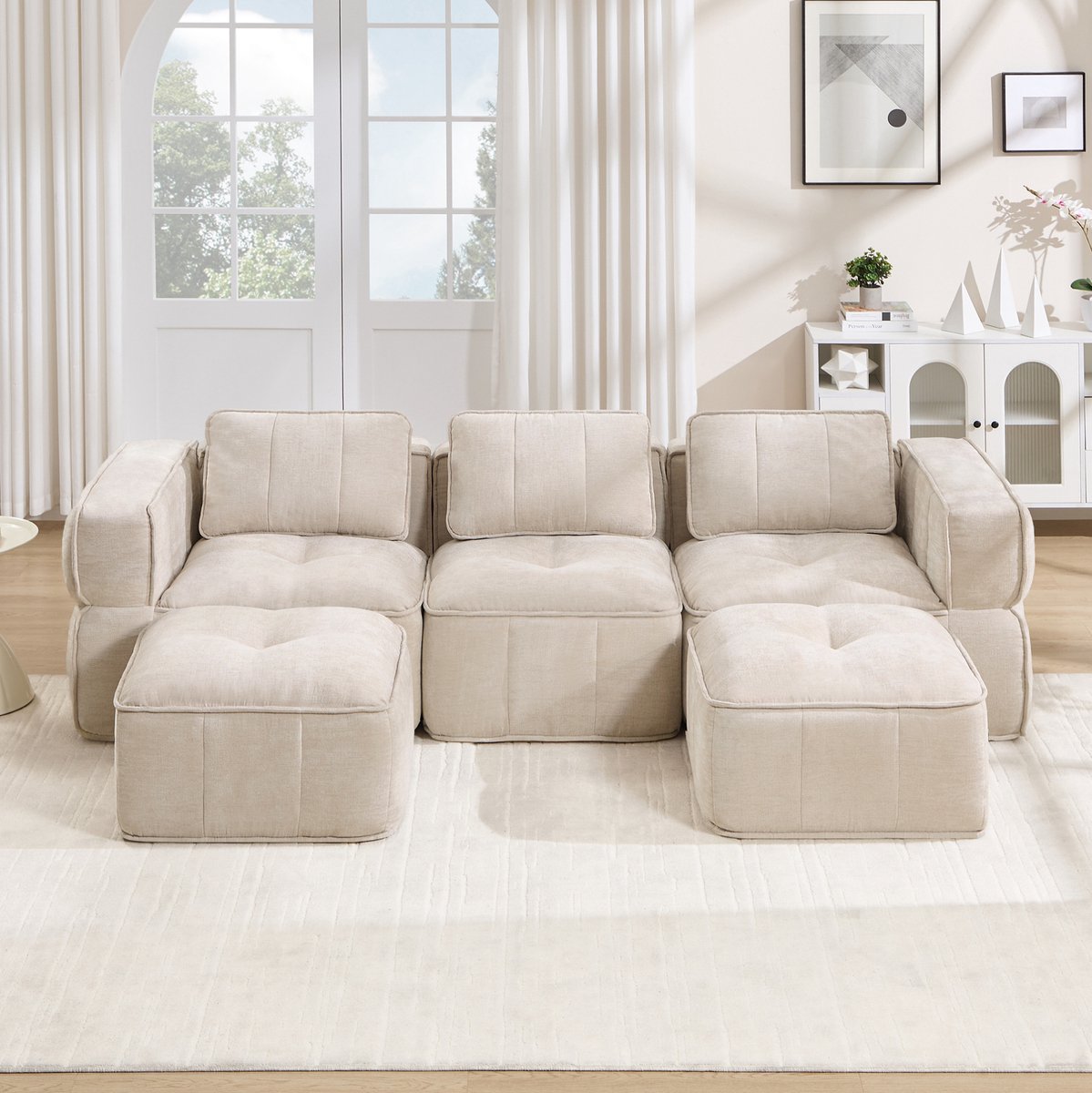 STILVORA U-Bank 271 X 162 X 67 Cm - Modulaire 3-Zits Met 2 Hockers, Zonder Montage, 32D Schuim - Voor Woonkamer - Polyester Beige