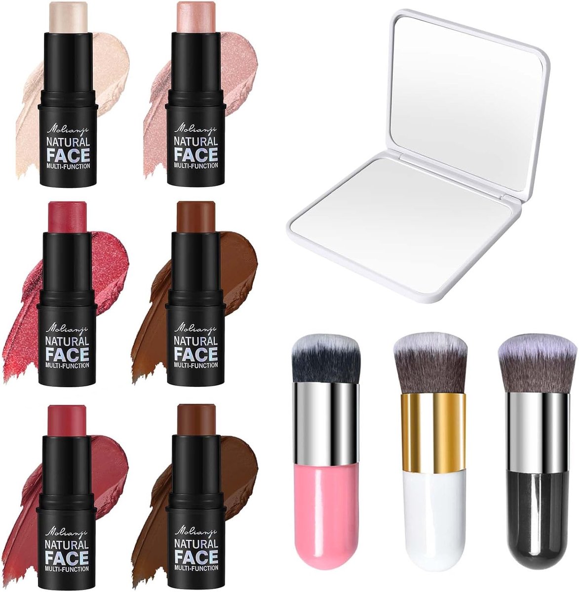 Contour make-up set - 6 kleuren contourstiften - inclusief borstel en spiegel - perfecte dagelijkse make-up - SnelShoppen