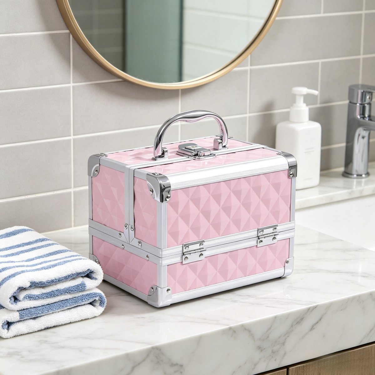 DESMIU Make-upkoffer – 3 Laags Uitklapbaar – 20 x 15 x 15 cm – Aluminium – Roze – Cosmetica Opbergen Met Spiegel En Slot