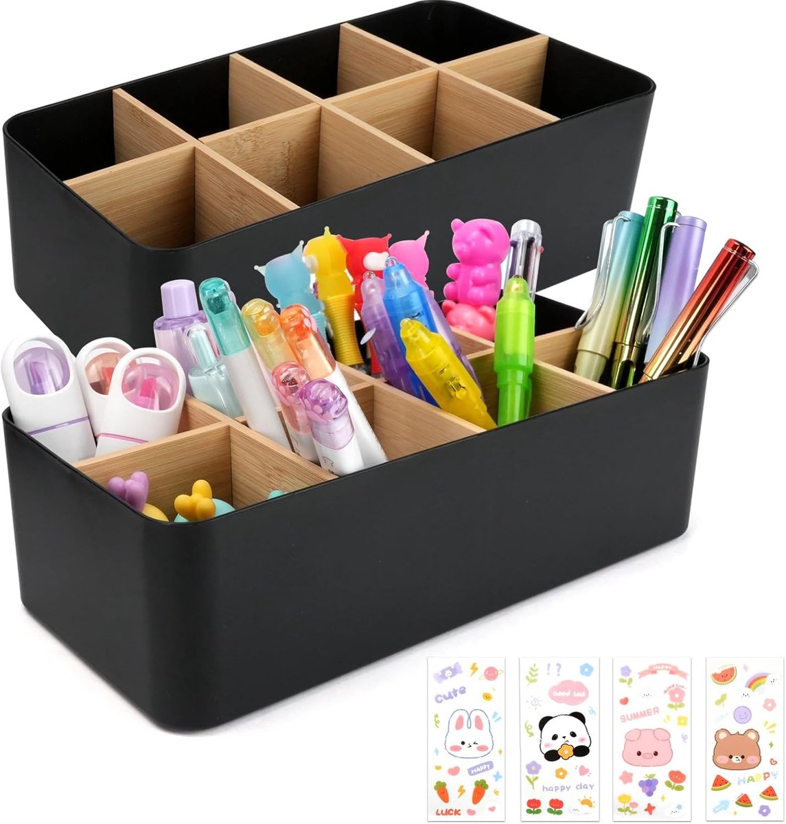 Bureau organizer 8 vakken - bamboe penhouder - multifunctioneel met stickers - opberging voor kantoor of kinderen - SnelShoppen