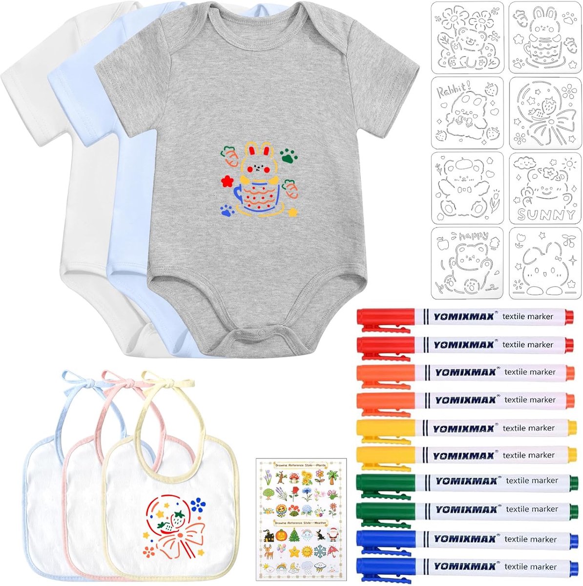 Schortjes voor verven - 3 gekleurde baby schorten met korte mouwen - inclusief textielstiften en sjablonen - SnelShoppen
