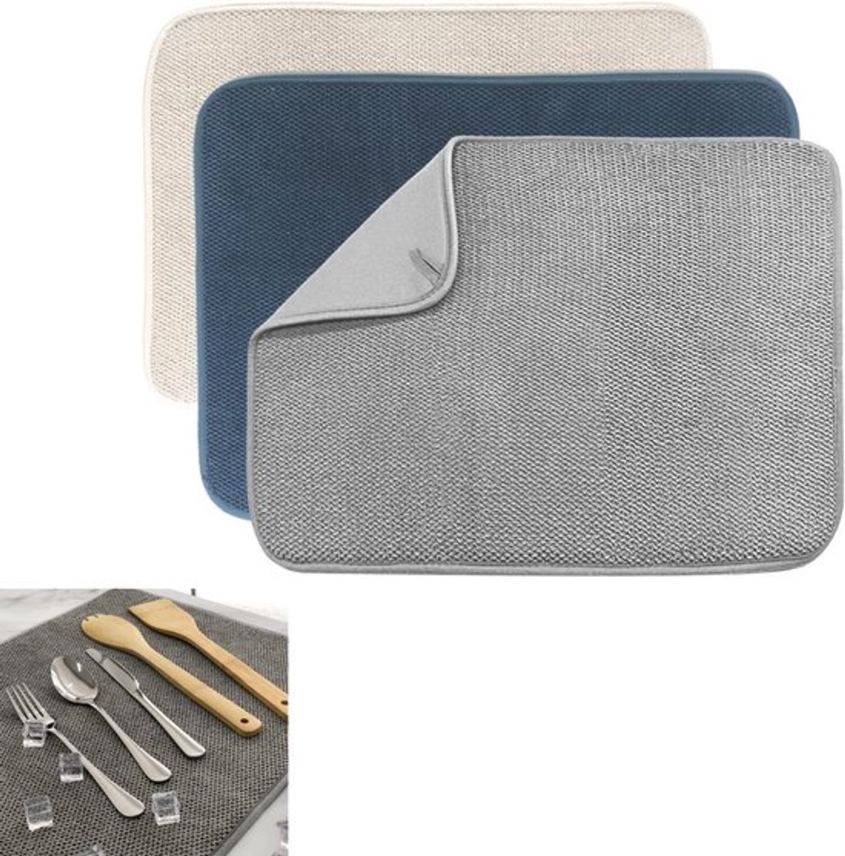 Microvezel Afwasmat - Ultra Absorberende - lekvrij en antislip - droogmat - gemakkelijk schoon te maken afwasmat- Afwas Droogmat - keukendroogmat - Afwasmat - Afdruipmatten - 3-Pack, Groot Formaat 20''X 15'' - Beige/Grijs/Blauw