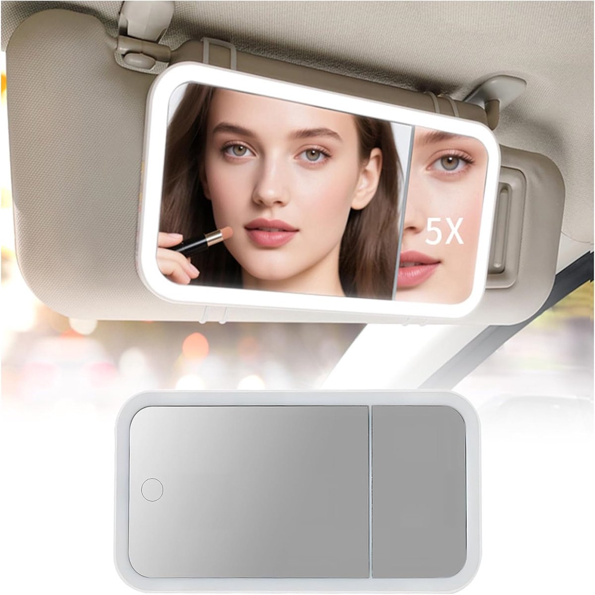 carmdering - Make-Up Spiegel Auto - Zonneklep Spiegel - 3 Lichtstanden Aanpassen - Auto Interieur - Make-Up Spiegel - Universele Zonneklep Spiegel - Handig In Auto-Vijfvoudige vergroting-Zwart