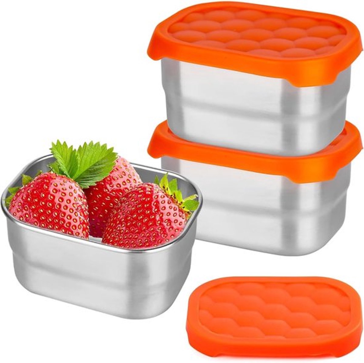 Lunchbox - Snackdoosjes - Snackdoosjes kinderen - Koekendoosjes kinderen school - Lunchbox volwassenen - 3-pack Snackbakjes van roestvrij staal - Met siliconen deksels - Gemakkelijk te openen en lekvrij - Voor peuters en kleuters (80ml)