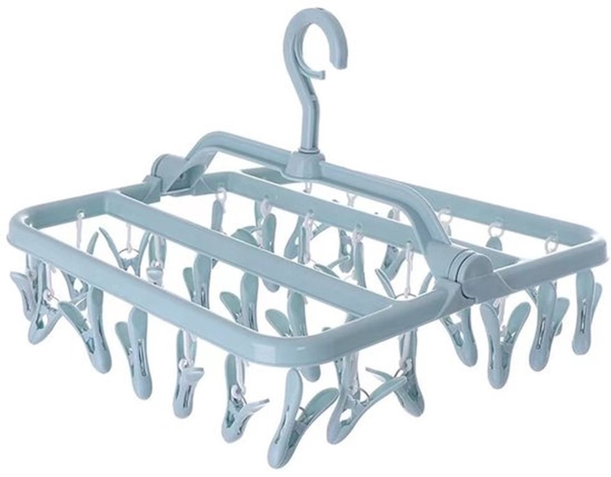 Droogrek voor kleding, opvouwbaar wasrek met 32 clips, opvouwbare wasknijperhanger voor sokken, handdoeken en bh's (lichtblauw)
