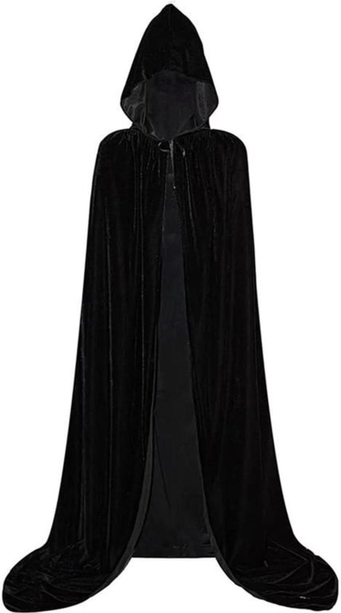 Luxe zwarte capuchonjas - 170 cm - XXL - Hoed - Volwassenen - Maskerade - Maskeradecape - Gothic - Fantasy - Halloweenkostuum - Dames - Heren - Unisex - Zwart