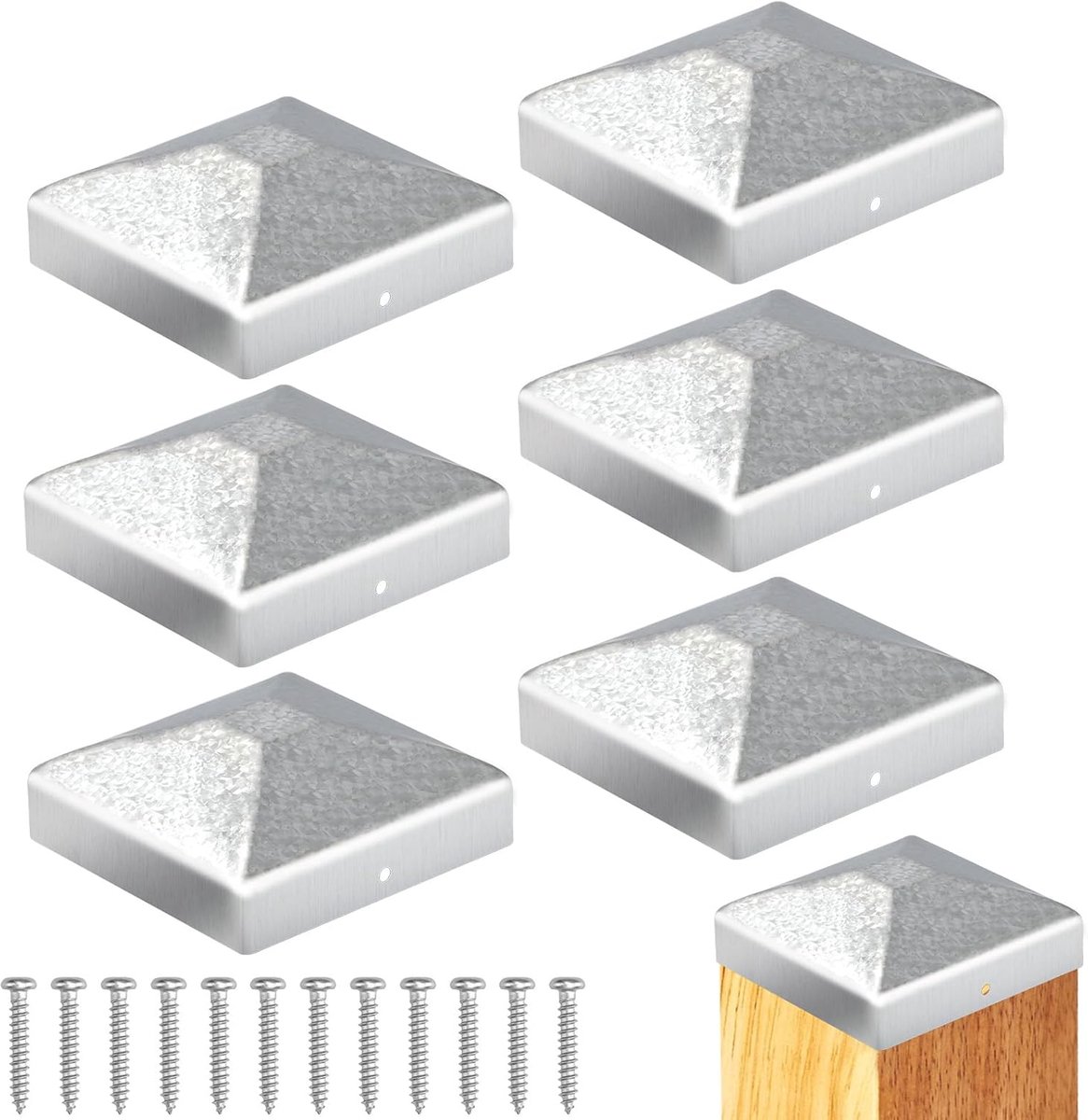 Postcaps 9 x 9 cm - Gegalvaniseerde metalen piramidevorm - Stevige afwerking voor hekpalen - Set van 6 stuks - ShopVlot