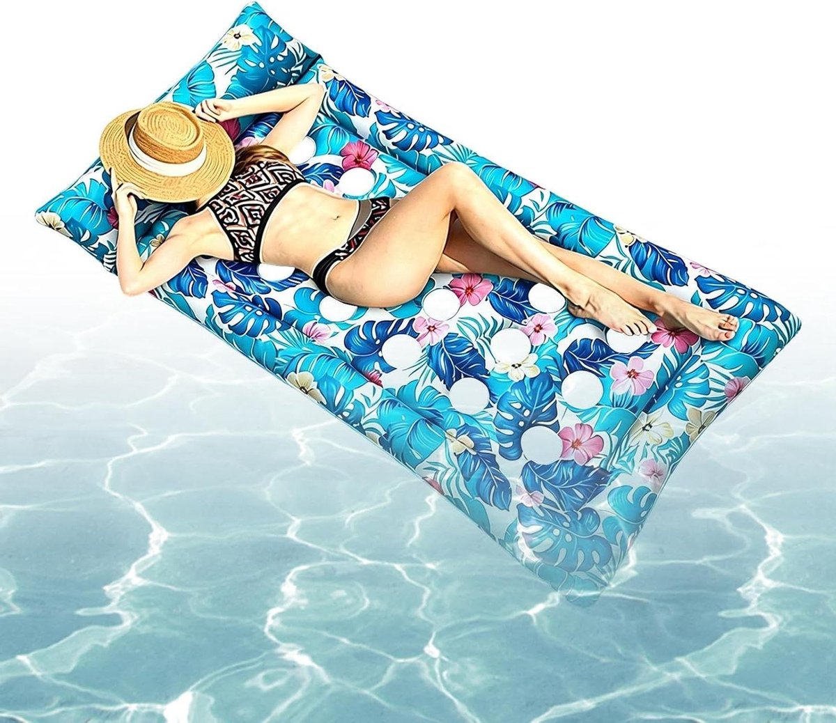 Opblaasbaar Zwembadbed - Luchtbed Drijver - Ontspannen op water - Tropisch bladprint - 168x90 cm - Multicolor