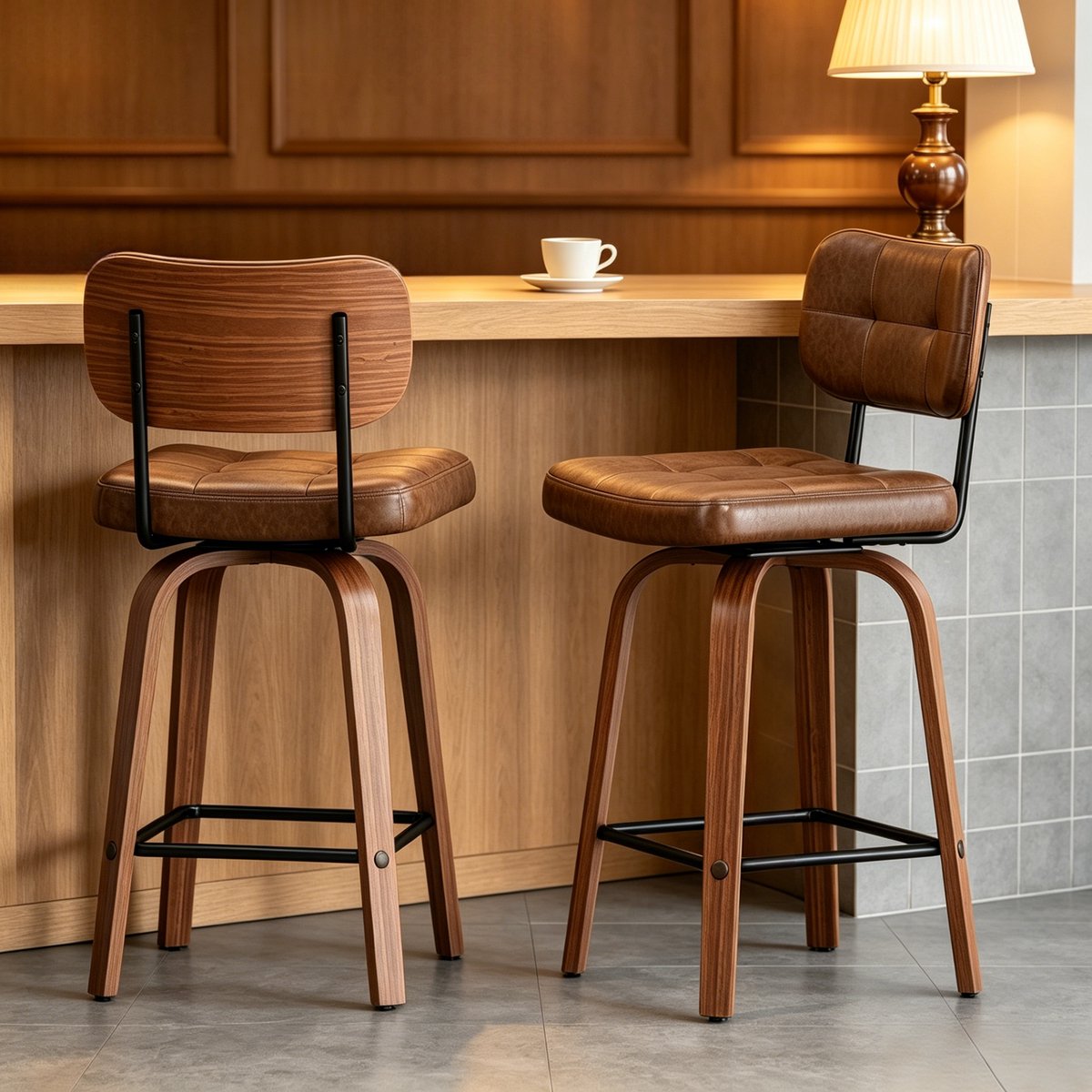 STILVORA Barkruk 44 x 49 x 94 Cm - Draaibaar Met Rugleuning En Gewatteerde Zitting - Voor Keuken En Bartafel - Hout En Kunstleer - Walnootbruin