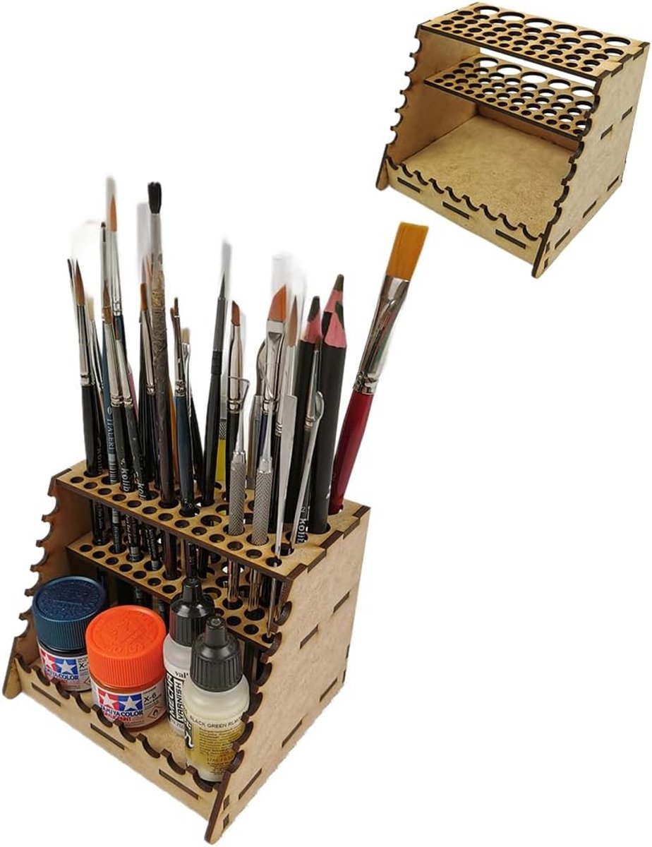 Wooden Model Building Brushes and Pen Holder, 48 Holes for Versatile Storage, Brush Holder, Desk Brush Organizer - ShopVlot