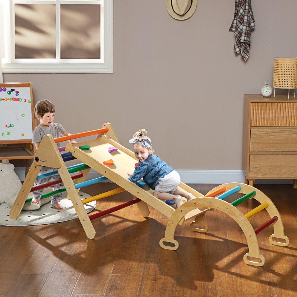 REDOM - 5-in-1 kinder indoor klimrek - Driehoeksklimrek - Opvouwbaar - Verstelbare hellingbaan met klimstenen - Houten constructie - Multicolor - 178 x 64,5 x 63 cm