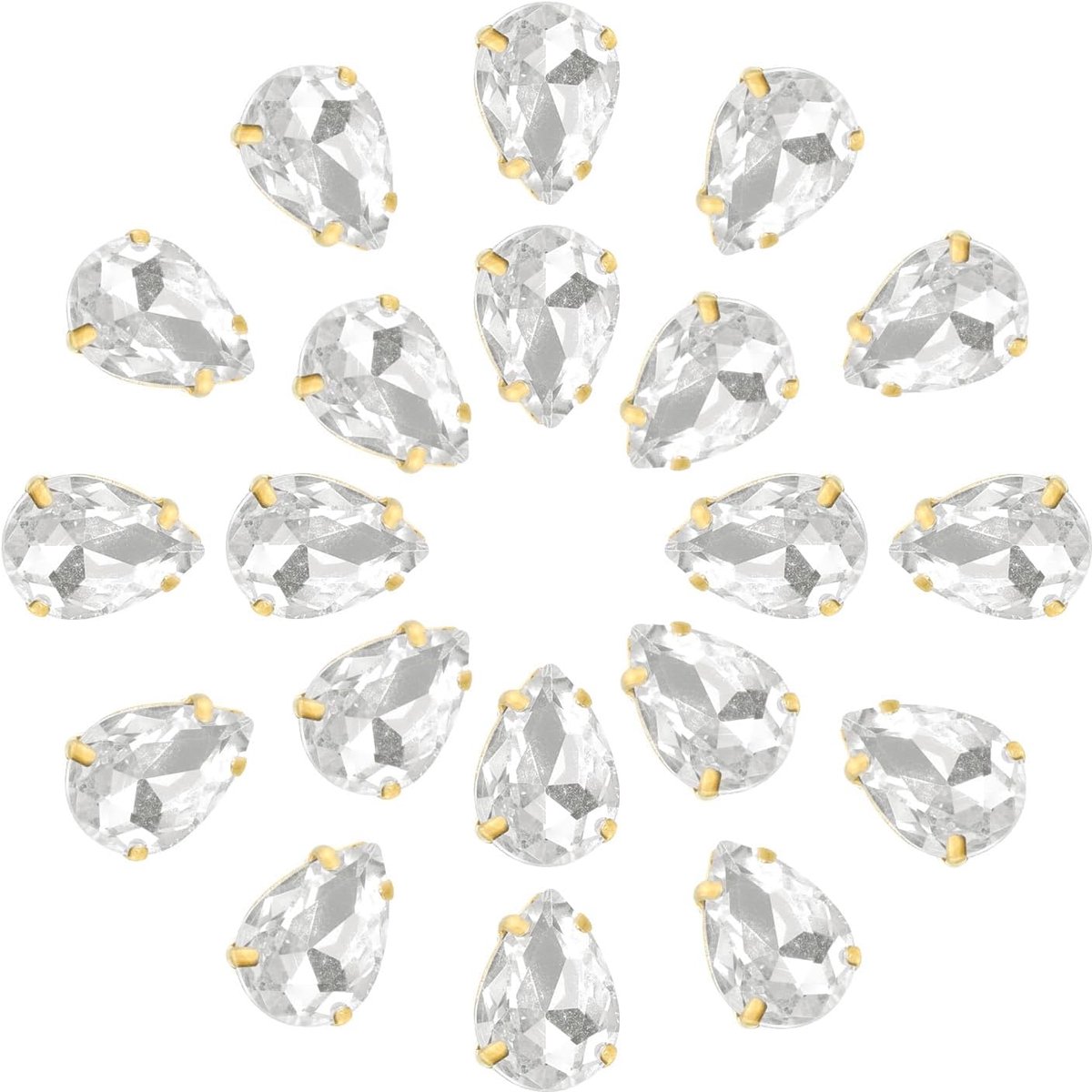 20 stuks druppelvorm om op te naaien, strass-steentjes - 10 x 7 mm platte achterkant, glazen druppels, kristal, strass, gouden tanden, set voor handwerk, sieraden, kleding, versieringen (wit