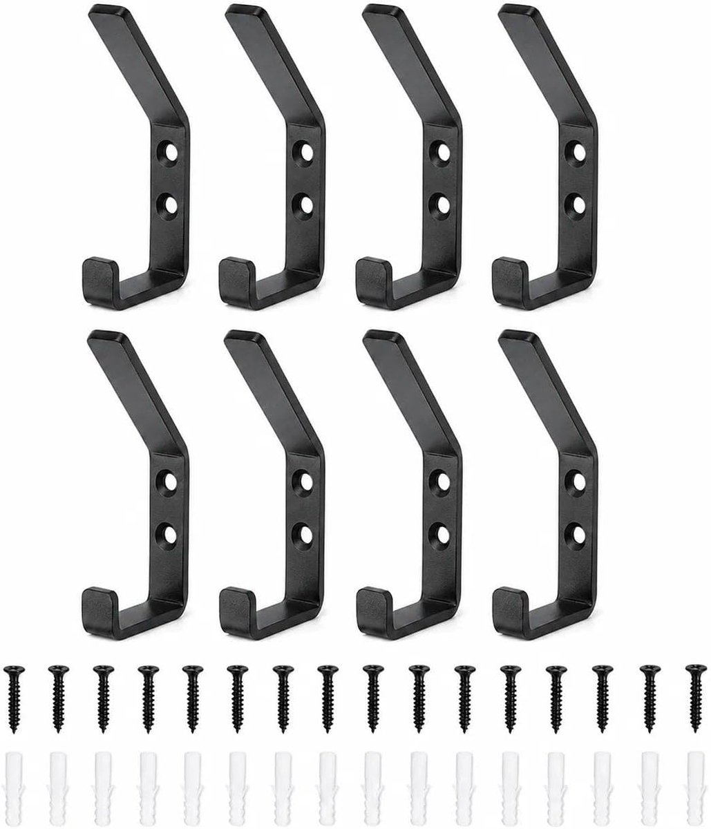 8 stuks wandhaken, zwart, smalle dubbele haken van metaal om te schroeven, kapstok met schroeven en pluggen, kledinghaken voor houten panelen, betonwand, tegelwand, hal, badkamer, keuken