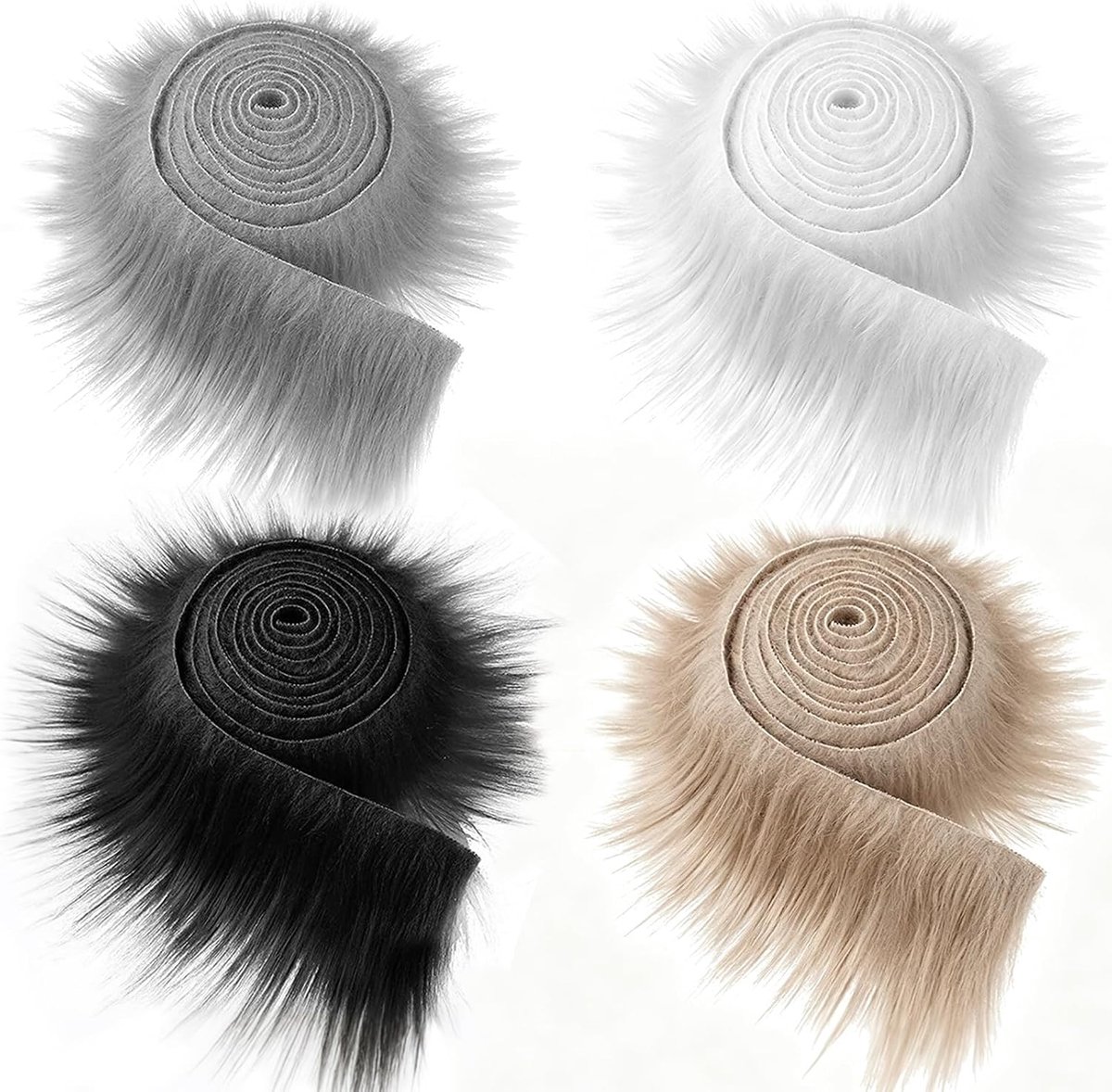 4 stuks kunstbont à 5 x 150 cm, stof van kunstbont, bontmateriaal op rol Zachte faux bont stroken voor kerstmutsen, kabouterbaarden, DIY knutselen en decoratie