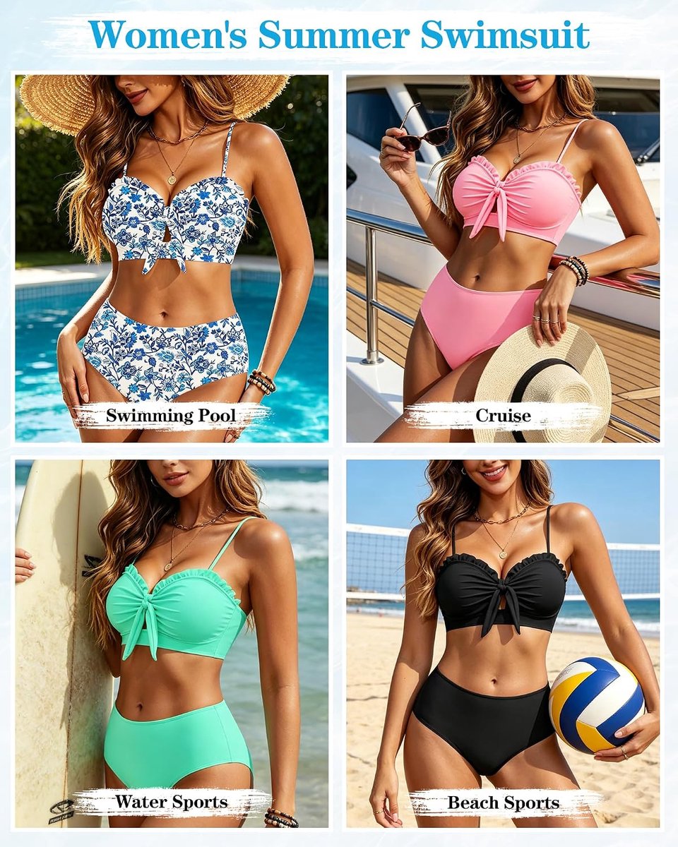 2-delige bikiniset voor vrouwen, geknoopte voorkant hoog getailleerde badpakken ruches trim badpak strand badmode