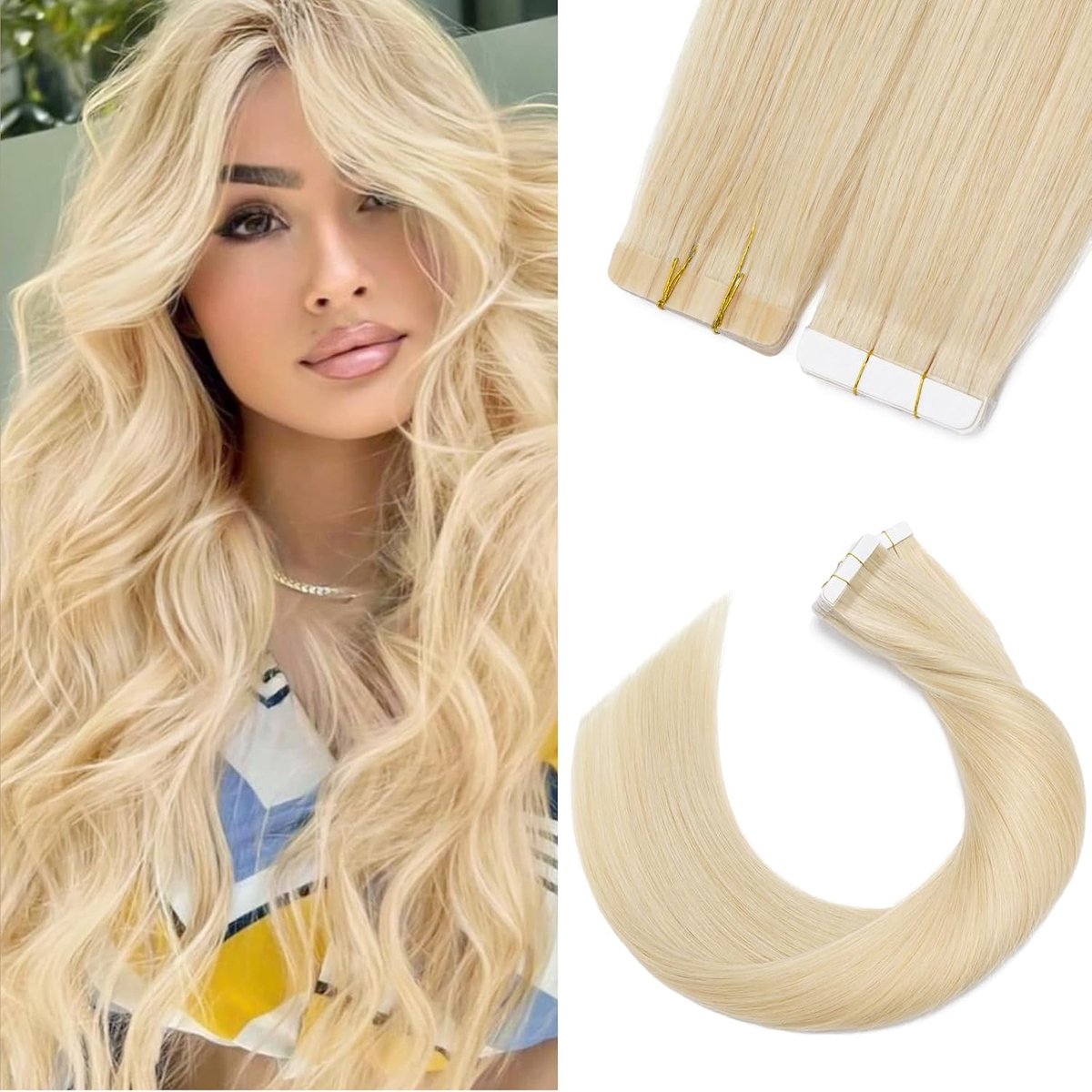 Tape‑in extensions echt haar, 20 stuks, lichte uitvoering, Remy Skin Weft tape met lijm, 30 g, 613# gebleekt blond, 50 cm