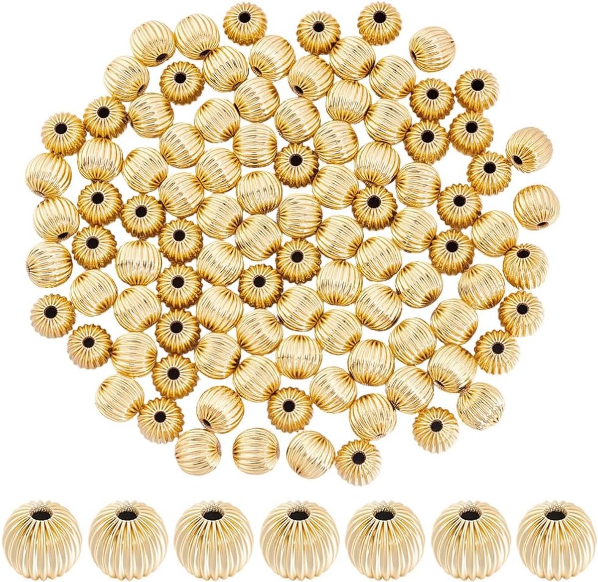 1 doos met 100 stuks ronde afstandhouders 8 mm van verguld messing 14 K kralen geribbelde metalen strips losse golvende ballen losse afstandhouders voor het maken van