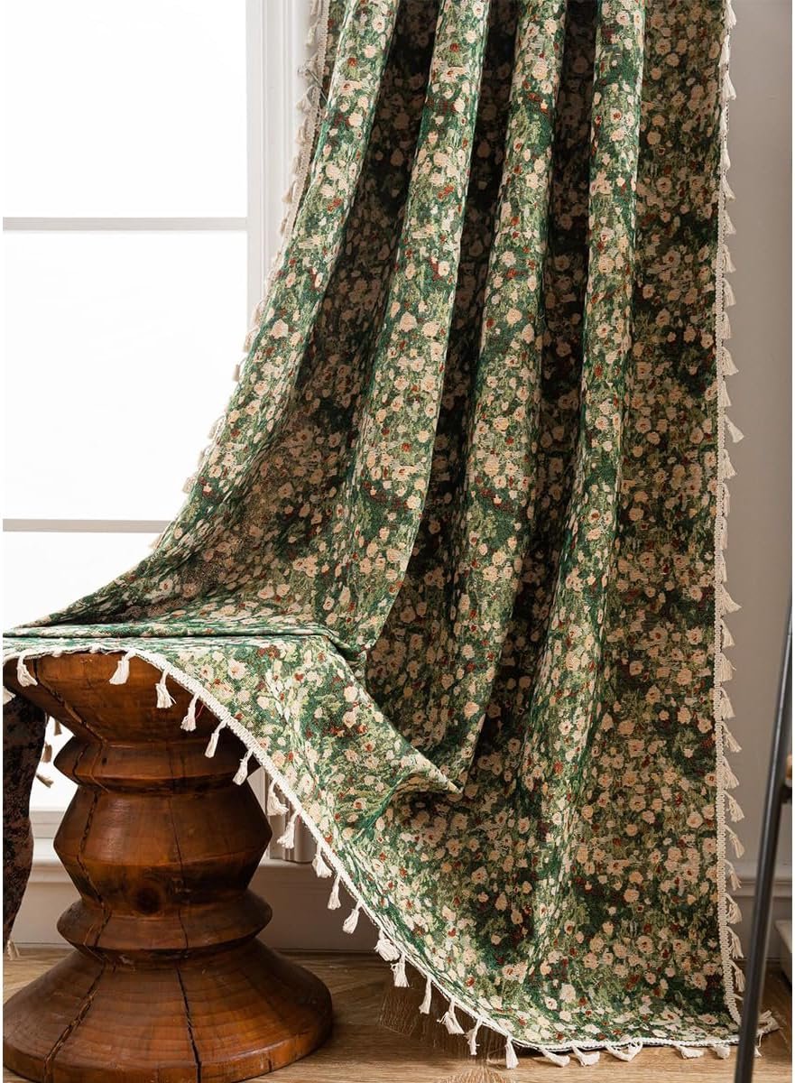 Vintage Gordijnen, Ondoorzichtig, Landhuisstijl, Leinenlook, Groen Jacquard Katoen, Boho Gordijn met Kwast, Rod Pocket voor Slaapkamer, Woonkamer, Keuken, 1 Gordijn, B150×H220cm