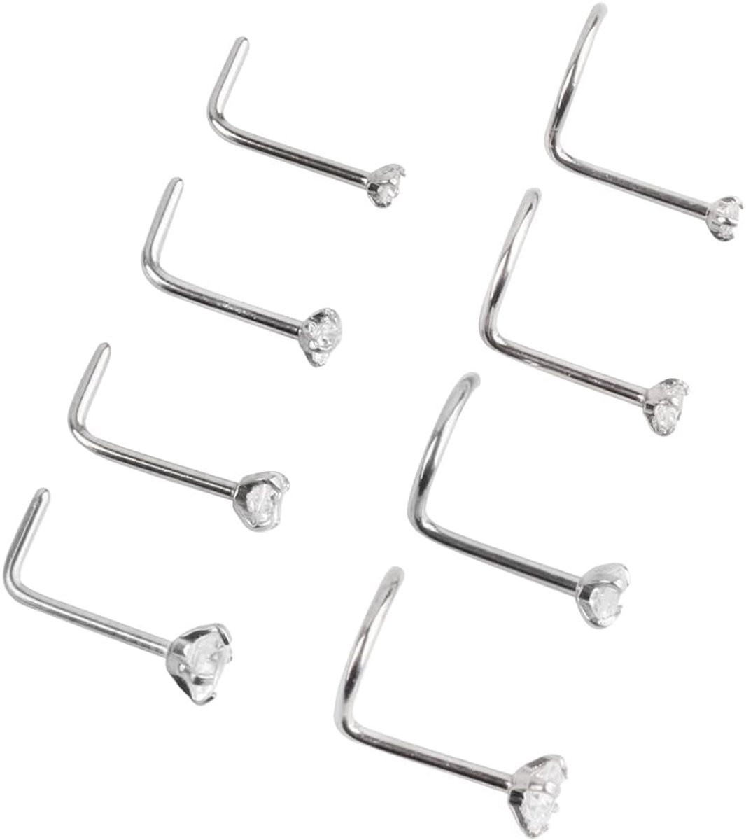 20 gauge gebogen zilveren neussteker, inless stalen neusringen, zirkonia, piercing, lichaamssieraden, schroef- en L-buigvorm, 8 stuks