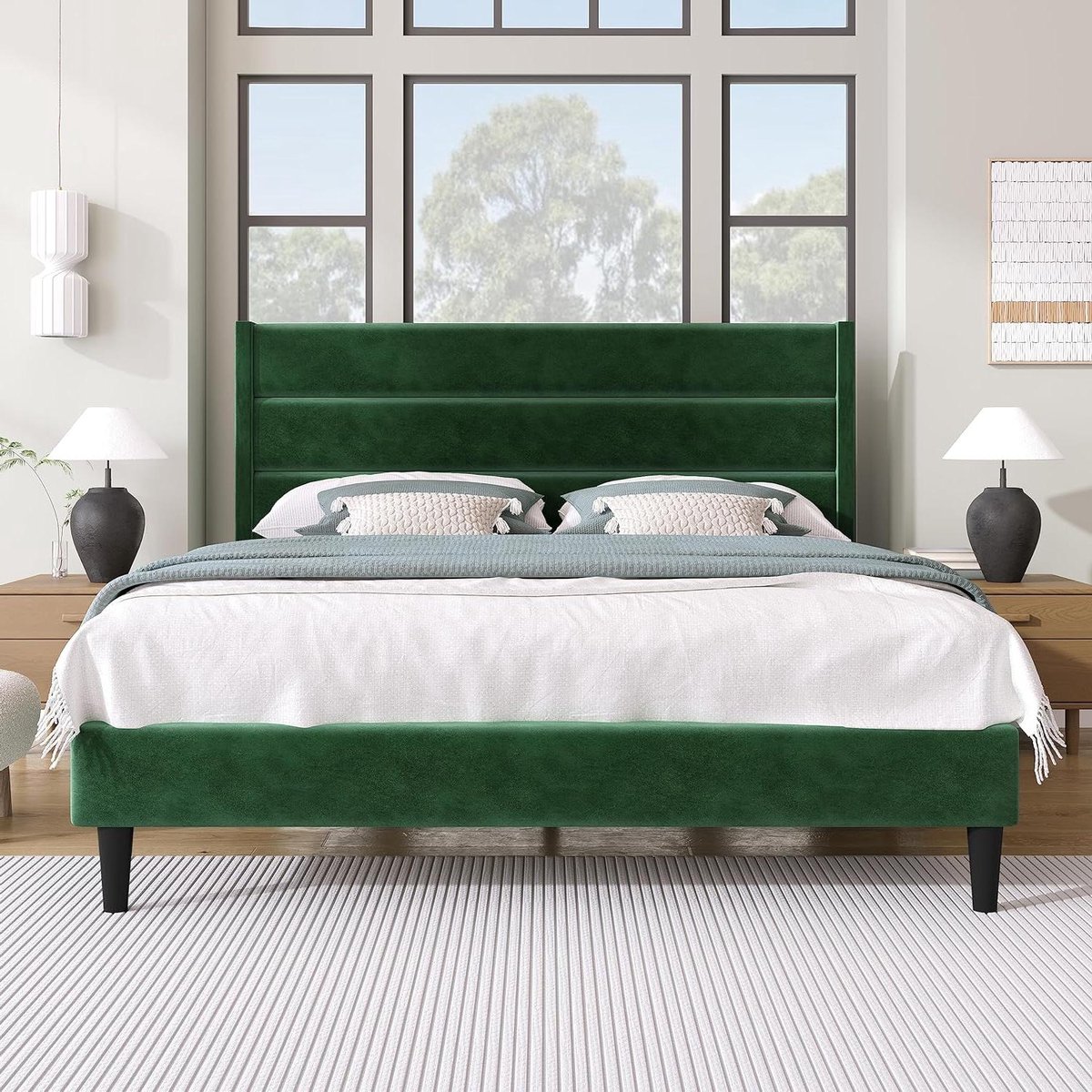 Gestoffeerd Bed - Bedframe met Hoofdeinde - Comfortabel Slapen - Uniek Stoffen Hoofdeinde - 140x200 cm - Donkergroen