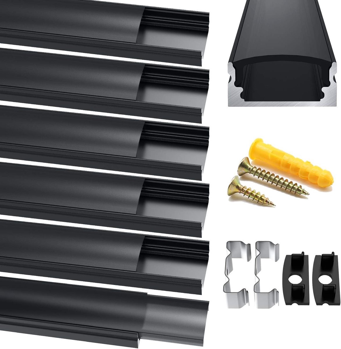 LED Aluminium Profiel, 6X1m LED Aluminium Strips U-Vorm, LED Kanalen, LED Profiel Zwart voor LED Strips (1-12mm), met Eindkappen, Metalen Bevestigingsclips en Bevestigingsmateriaal
