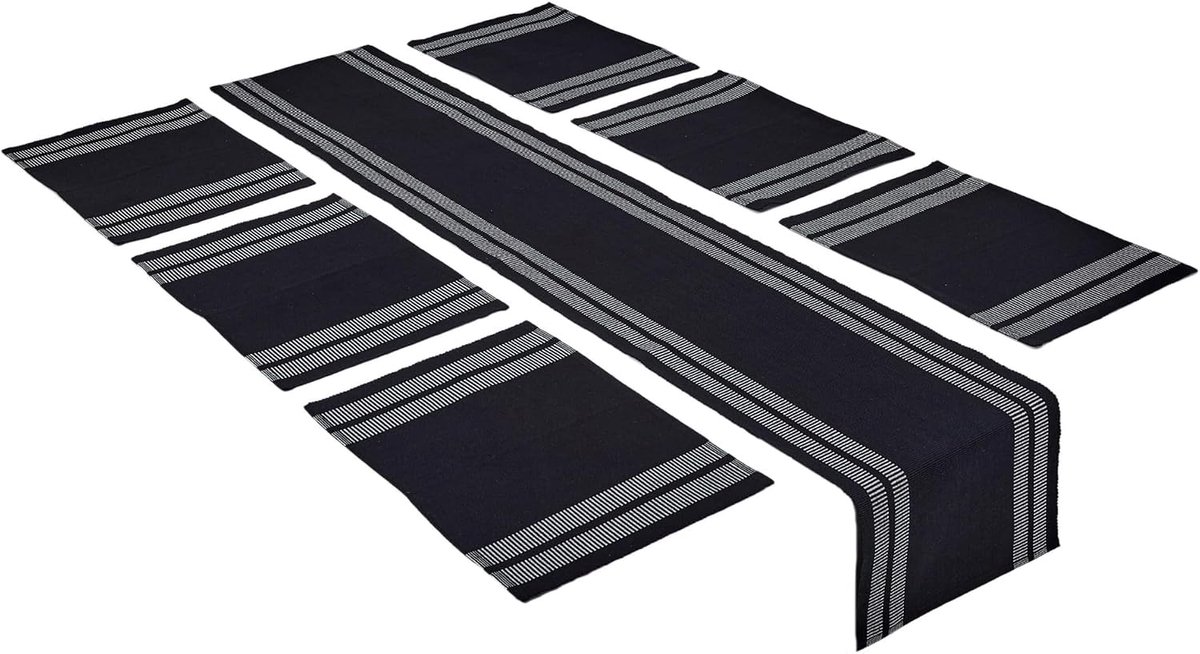 Tafellopers en placemats, 6 stuks, katoen, fijne naden, zwart, 1 tafelloper 32 x 183 cm en elk tafelkleed 48 x 32 cm | Fijn 12-laags geribbeld katoenen weefsel | Tafelhittebescherming | Gerecycleerde duurzame stof | Machine Wasbaar | Set van 7