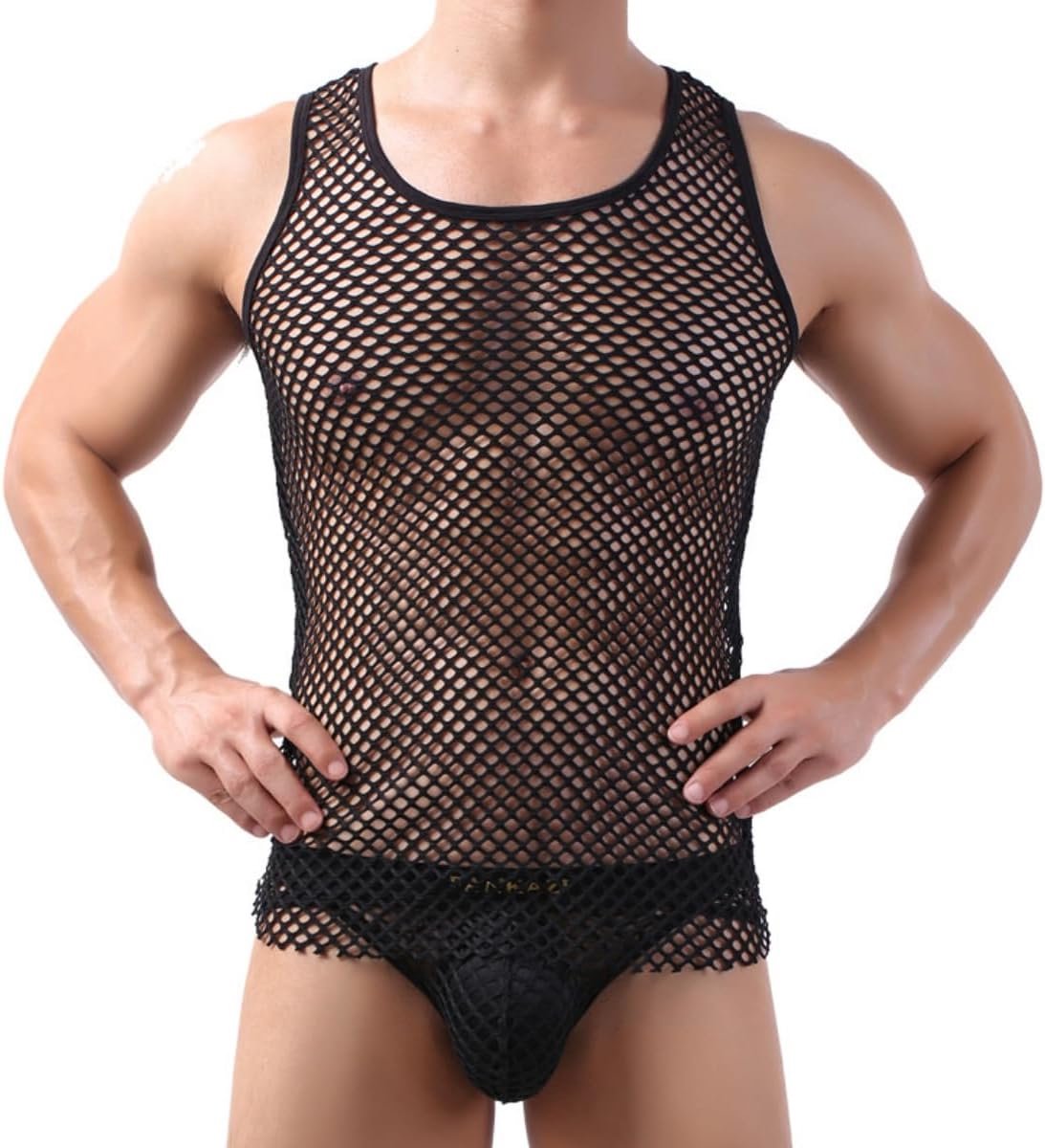 Tanktop voor heren, mesh, zonder mouwen, transparant, mesh, party-tanktop, nauwsluitende tanktop met ronde hals, tanktop voor heren, tanktop met openingen voor training, onderhemd, gym