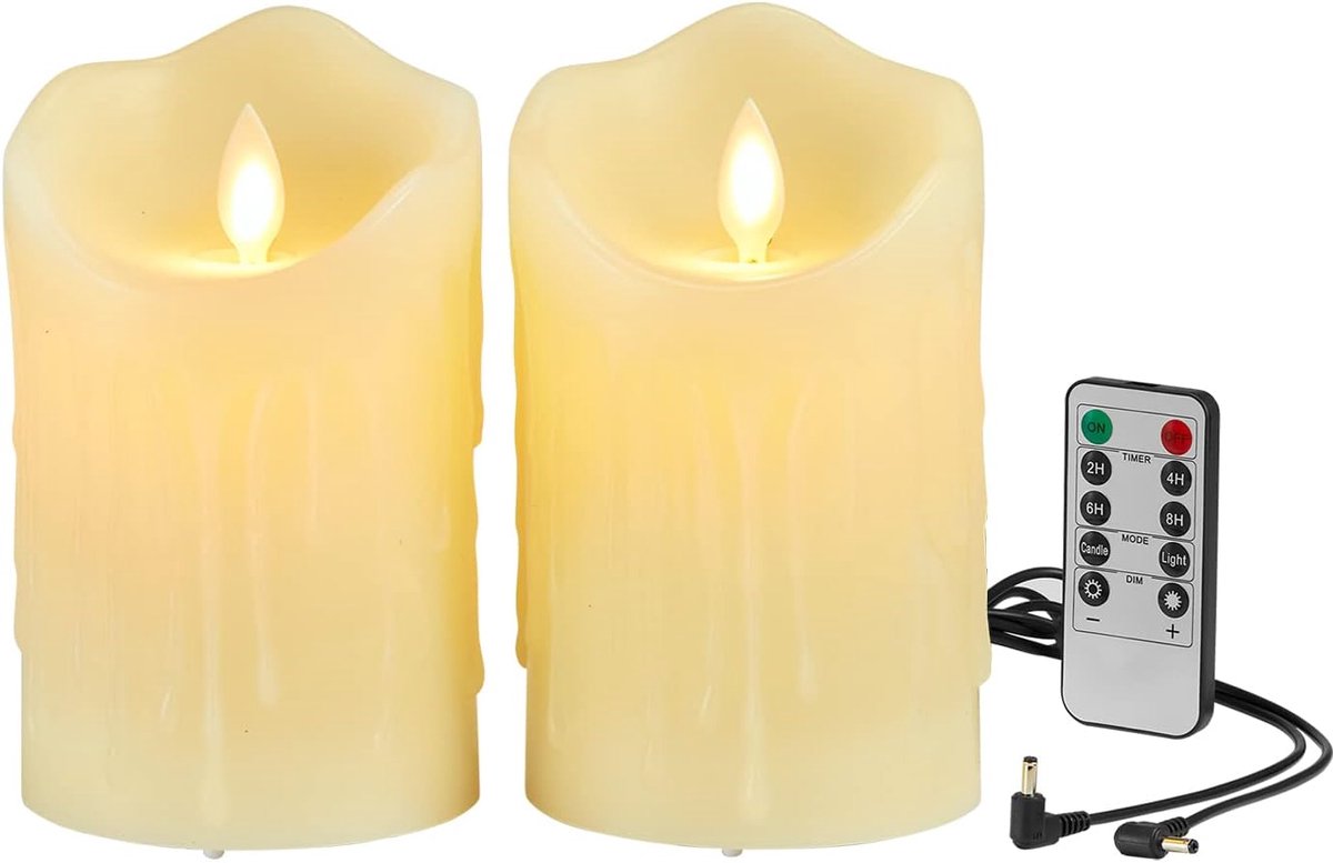 Set van 2 Oplaadbare LED Kaarsen met Afstandsbediening, Kaarsen op Batterijen met USB-kabel, Kerstkaarsen, Vlamloze LED-Kaarsen, Dansende Vlammen, voor Bruiloft, Feest (15cm Ivoor Wit)