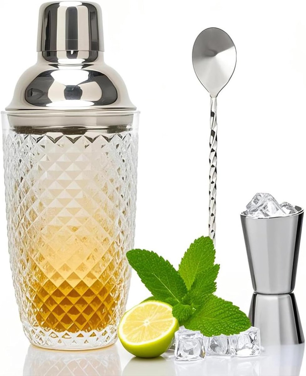 Cocktailshakerset van glas, 400 ml, cocktailshaker, met maatbeker van roestvrij staal en schep, voor thuis, bar, wijn, vruchtensap, zilverkleurig