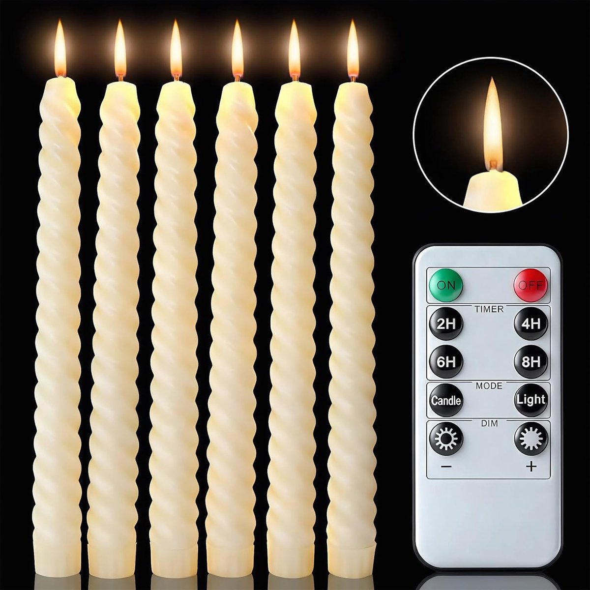 6 stuks, vlamloos, conisch, werkt op batterijen, met batterij en afstandsbediening, warm licht, voor decoratie van Kerstmis, bruiloften en feesten