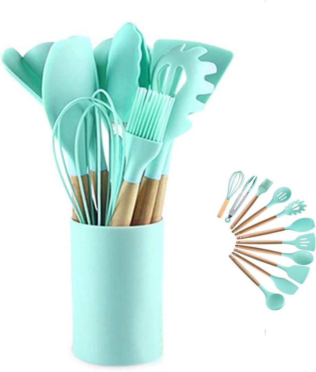 Kookgerei Keukengerei Set - 446 ° F Hittebestendig, Turner Tang, Spatel, Lepel, Borstel, Garde. Houten handgrepen Grijze keukengadgets Gereedschapset voor anti-aanbak kookgerei (Agaat groen-12pcs) | Turner Tang