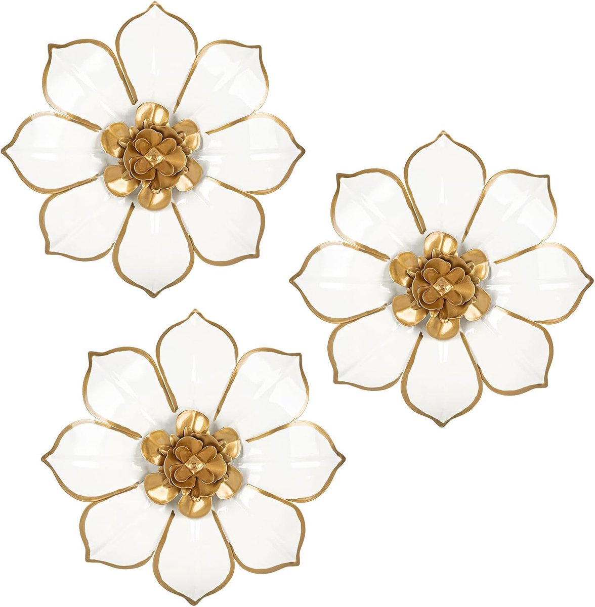 3-delige 24,9 cm Wit Goud Metalen Muurkunst 3D Moderne Muurkunst Hangende Decoraties Bloemen Metalen Kunstwerken voor Slaapkamer Woonkamer Huis Muurdecoratie