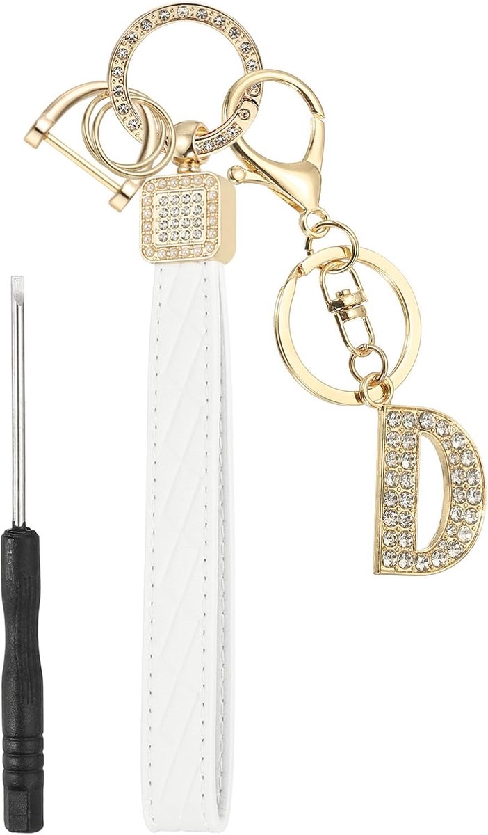 Leren sleutelhanger met manchet, sleutelhanger met initiële letter D, sleutelring en D-ring, decoratieve alfabet sleutelhanger voor doe-het-zelf rugzaktas, goudkleurig