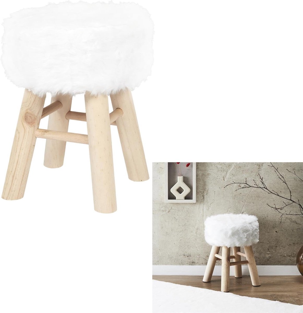 Hocker 28 cm - witte faux bont - houten poten - ideaal voor kleine ruimtes - SnelShoppen