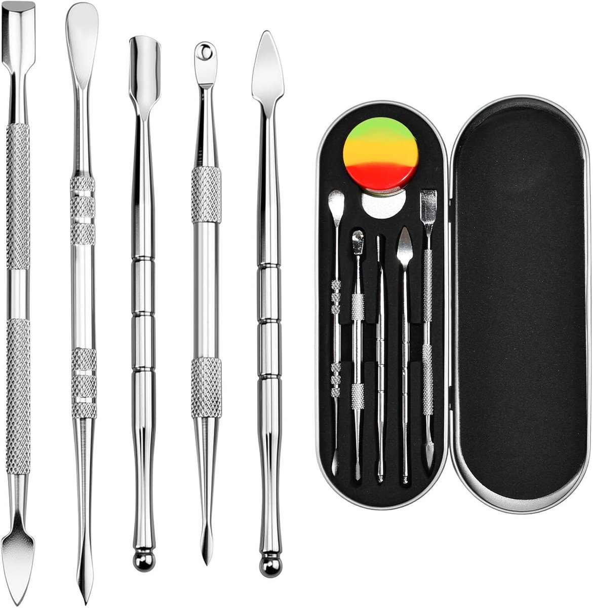 5 stuks modelleergereedschap set roestvrij staal pottenbakkersgereedschap dubbeleindig | Snijgereedschap klei gereedschap DIY Sculpting Tools met ijzeren doos en 3 ml siliconen houder voor was, keramiek, sculpturen
