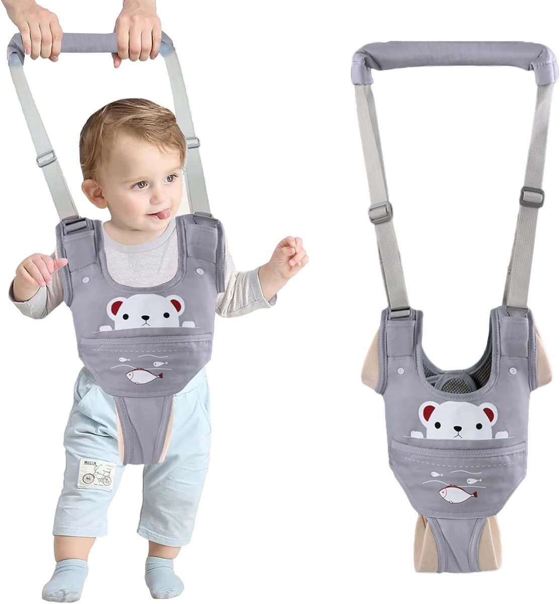 Verstelbare Baby Wandelen Harnas Handvat met Afneembaar Kruis Baby Loophulp Staan lopen leren Helper Wandelaar Veiligheidslijn voor Babywandelaars van 9-24 Maanden (Grijs Beer)