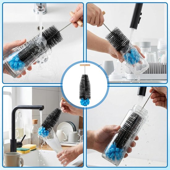 Reinigingsborstel voor SodaStream flessen, 35 cm, ergonomische handgreep, witte haren, groene spons — afbeelding 3