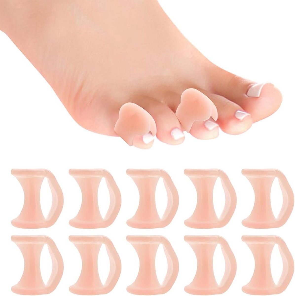 5 paar teenspreiders, siliconen teenspreiders, orthese voor overlappende teen, hamerteencorrector, pads en stijltang ter verlichting van de voetdruk (Beige, B)